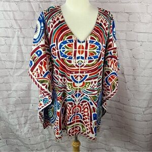 chico's bright tribal geometric Patterned blouse poncho sz L/XL beaded fringe